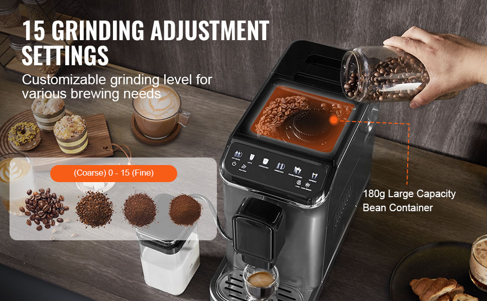 VEVOR Кавомашина автоматична, вбудована кавомолка, 15 ступенів помелу, резервуар для води 1,5 л, контейнер для кавових зерен 180 г (CM9002M-CB)