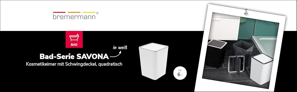 Косметичне відро Savona серії bremermann для ванної кімнати з відкидною кришкою, пластикове відро для ванни об'ємом 5,5 літра (біле, квадратне)