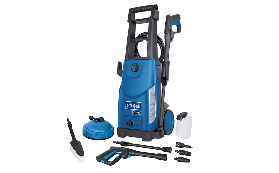 Мийка високого тиску Scheppach HCE2600 з набором аксесуарів 8 шт. 180 бар, 2400 Вт, 480 л/год, мобільний мийник з щіткою