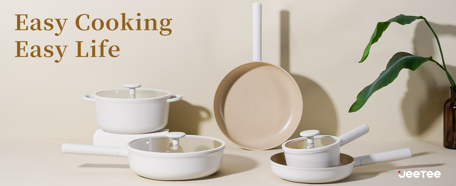 Набір посуду JEETEE 17 предметів з антипригарним покриттям Ceramic, знімні ручки. Каструлі 16/20/24 см, сковороди 24/28 см, глибока сковорода 28 см. Підходить для всіх типів плит, духовка, 17 предметів, бежевий