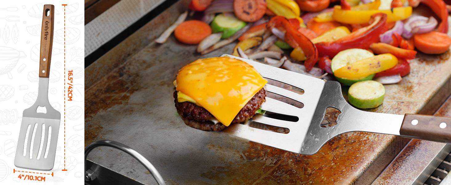 Набір гриль-посуду Onlyfire 4-TLG: щипці, лопатка, виделка, щітка з довгою ручкою з акації та нержавіючої сталі