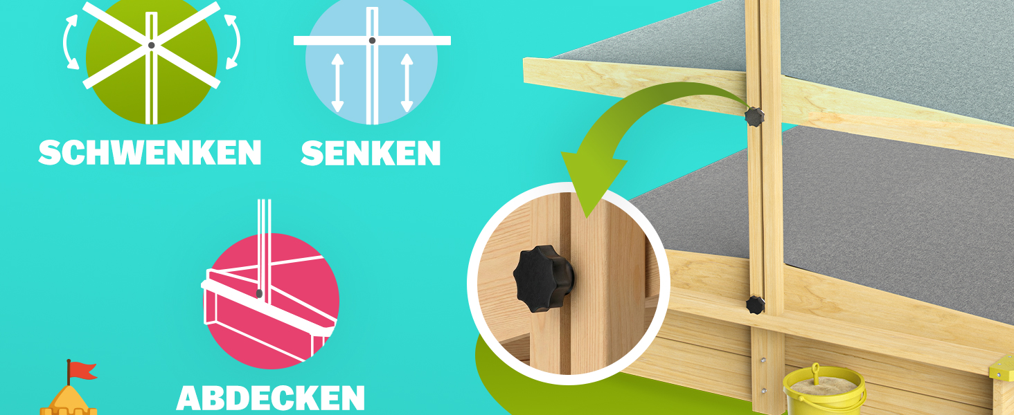 Пісочниця Spielwerk Sonnendach 120x120 см з дахом, натуральне дерево, захист від УФ, борти, підкладка, дитяча пісочниця Fritzi