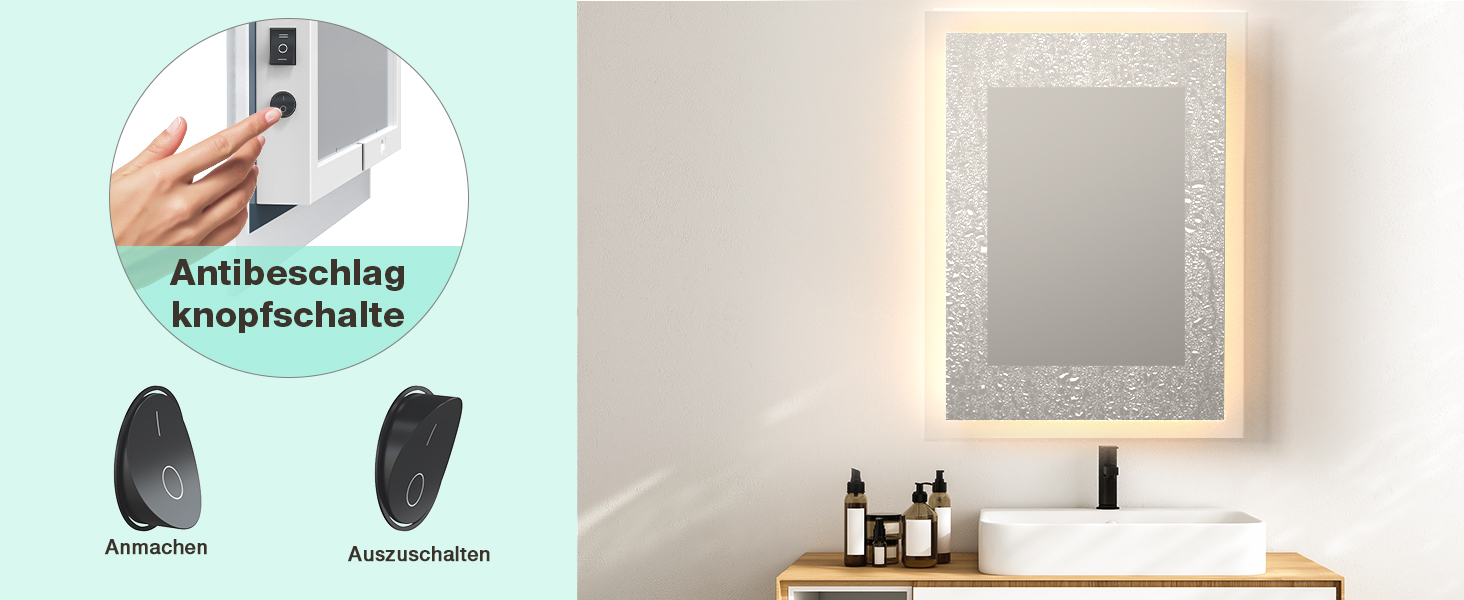 Дзеркало для ванної кімнати GIMBELEN з підсвічуванням LED, антизапар, 2 кольори світла (3000K/6500K), функція пам'яті, прямокутна форма, 50 x 70 см