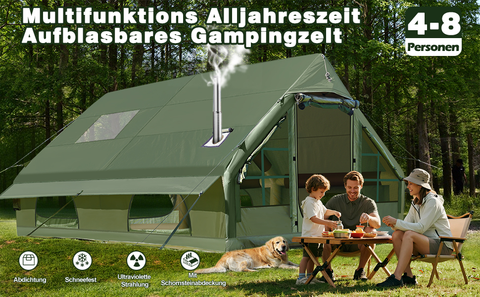 Надувний кемпінговий намет Oxford 420D для 7-10 осіб з насосом, водонепроникний (3000 мм), 4 сезони, з вікнами-москітними сітками та димоходом 400x300x200 см