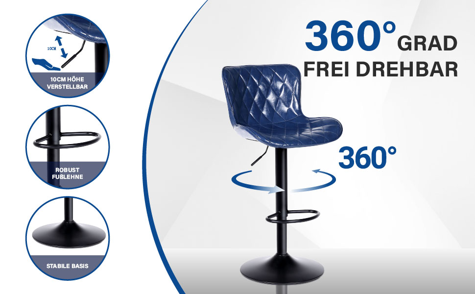 Барні стільці Youhauchair 3 шт., шкіряні, регульовані по висоті, з підніжкою та спинкою, для кухні та бару (Блакитні)