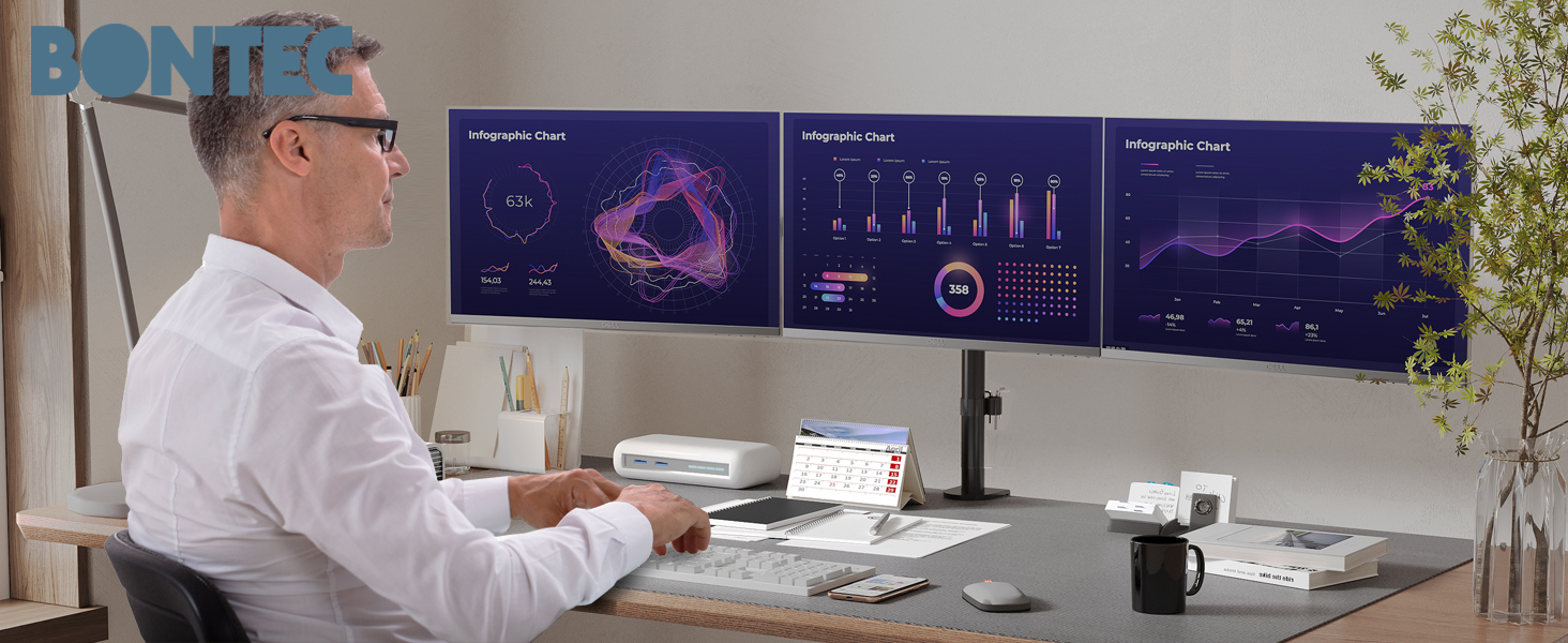 Підставка для моніторів BONTEC на 3 монітори, 13-24 дюйми, LED/LCD, регульована, VESA 75/100, чорна