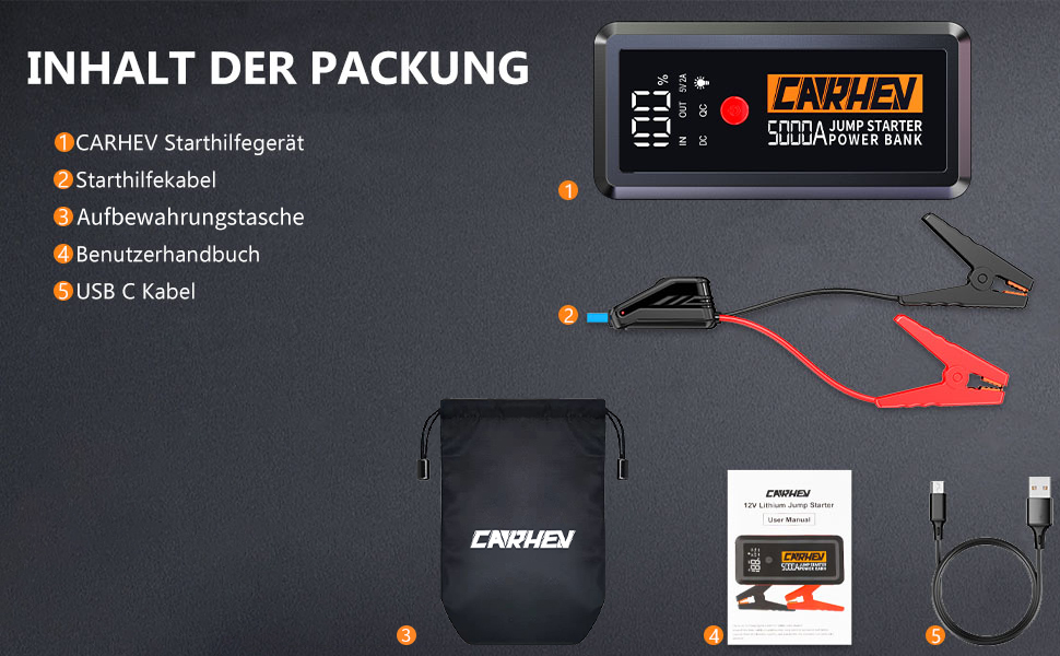 Powerbank для авто Starthilfe 5000A: зарядний пристрій, бустер, 12V, 8.0L бензин/дизель, USB, LED ліхтарик