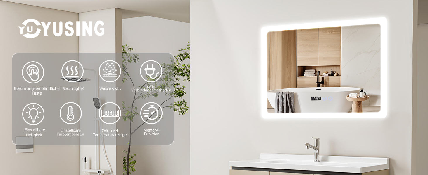 Дзеркало для ванної кімнати YU YUSING з підсвічуванням 80x60 см, LED, 3 кольори світла, регулювання яскравості, антизапар, сенсорне управління, таймер, загартоване скло, IP44 (прозоре)