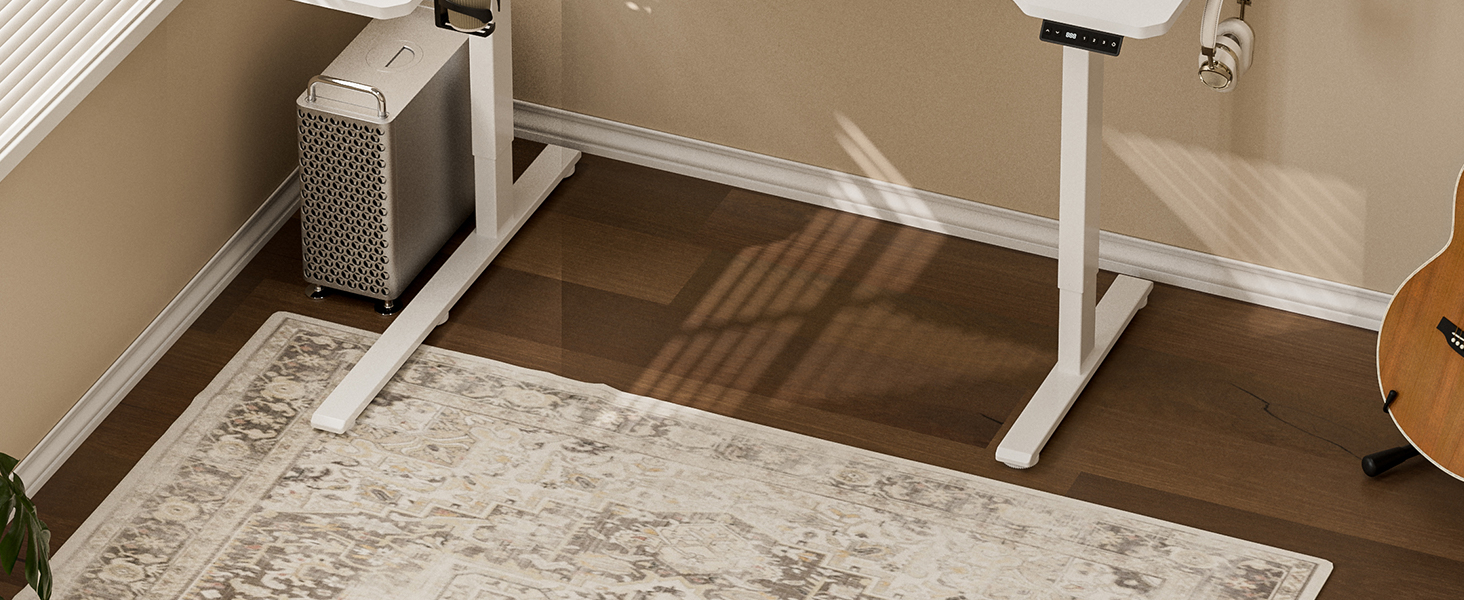 Кутовий стіл з регулюванням висоти 150x100 см, електричний, ергономічний, білий. З підстаканниками та гачками.