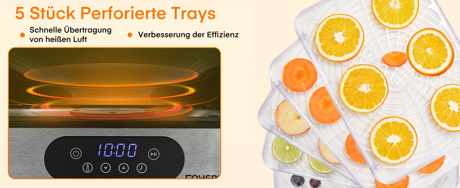 Електрична сушарка для продуктів FOHERE з нержавіючої сталі, 5 ящиків, LED-дисплей, 420W, 35-70°C, таймер 48h, для їжі, грибів, фруктів, м'яса, риби, овочів, без BPA