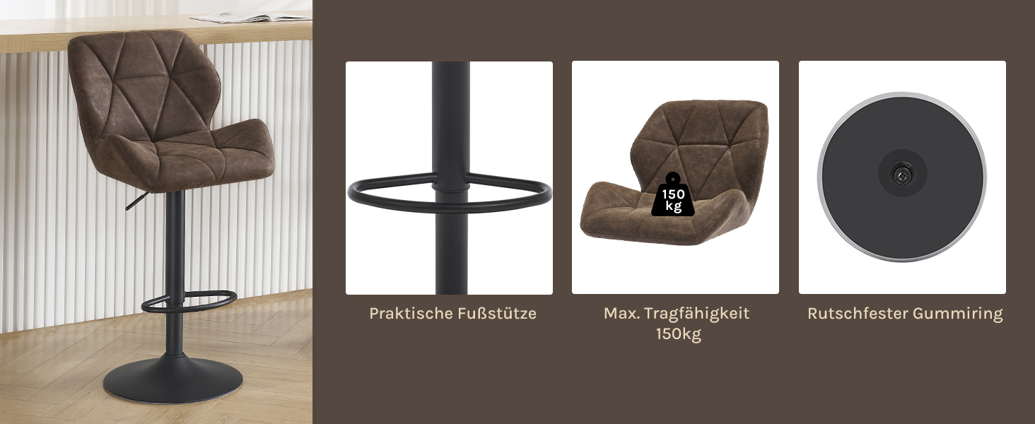 Барні стільці WOLTU 2 шт. - комплект, регульована висота, обертання, штучна шкіра, сталь, темно-коричневий