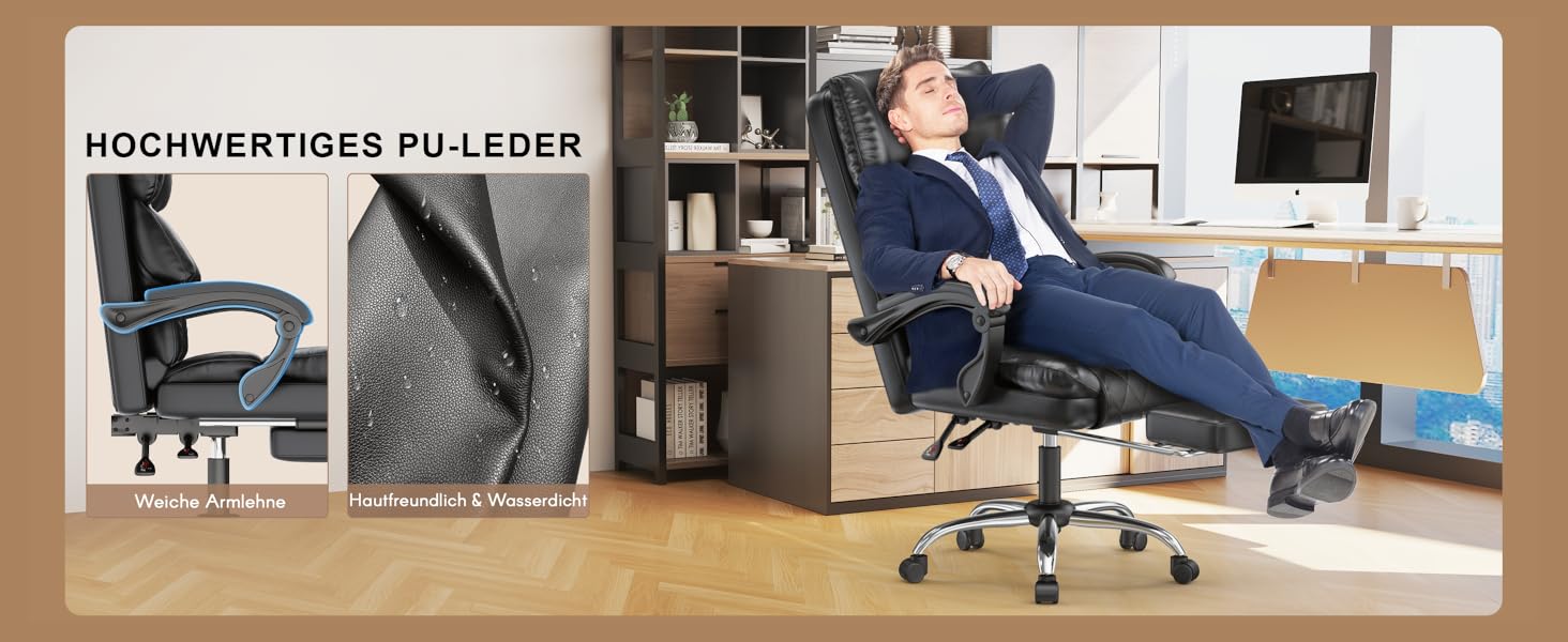 Офісний крісло-шезлонг для кухні від NaspaLuro з підніжкою, чорного кольору. Ергономічний комп'ютерний стілець з PU шкіри, м'якими підлокітниками та регульованою спинкою. Регульована висота, поворотний механізм. Без підігріву.