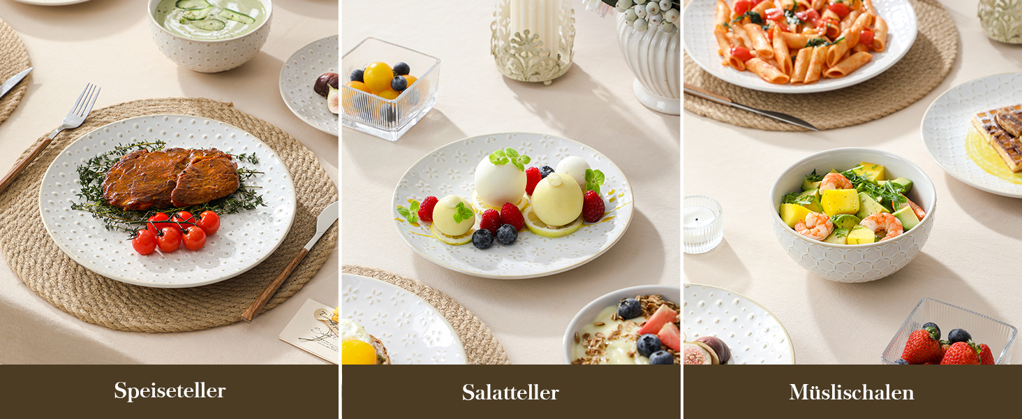 Набір посуду Malacasa LYDIA (24 шт.) для 4 осіб, бежевий: 16-ти частинний сервіз зі столових тарілок та чашок з рельєфом, з каменю