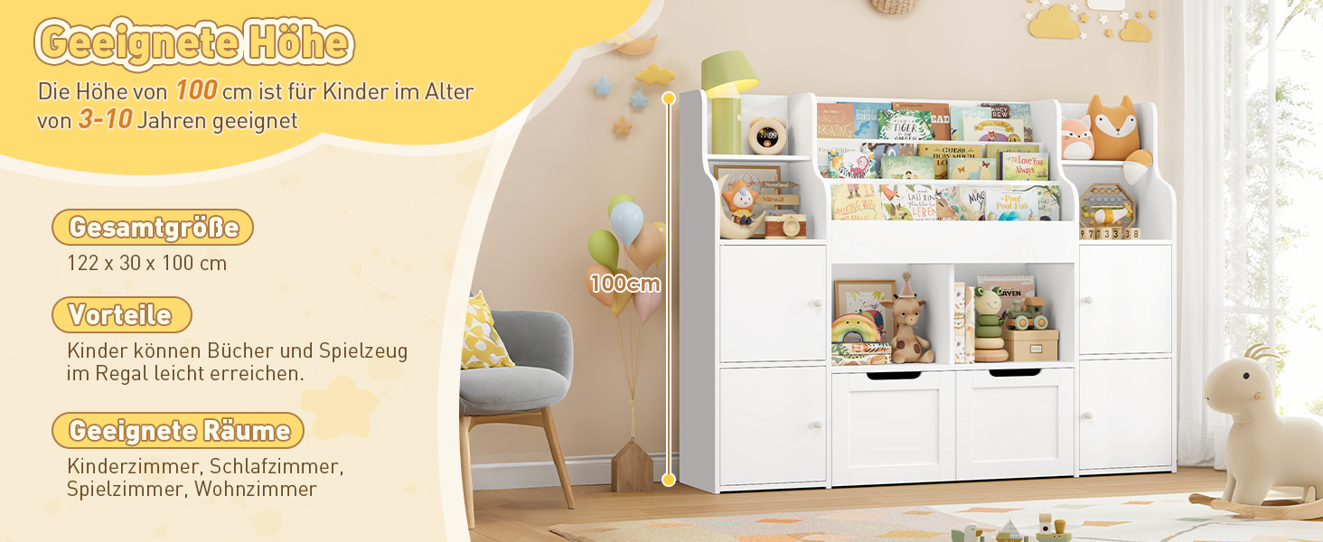 FOREHILL Дитяча полиця-стелаж для іграшок та книг, меблі для дитячої кімнати з ящиками, 122 x 30 x 100 см (білий)