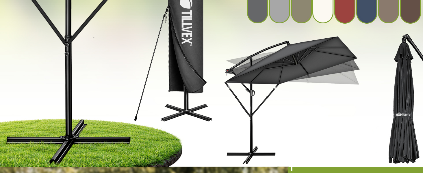 Прямокутна алюмінієва сонячна парасолька tillvex® 330 см з LED-підсвіткою, ручкою та чохлом, антрацит — підвісна садова парасолька з захистом від UV та вітру