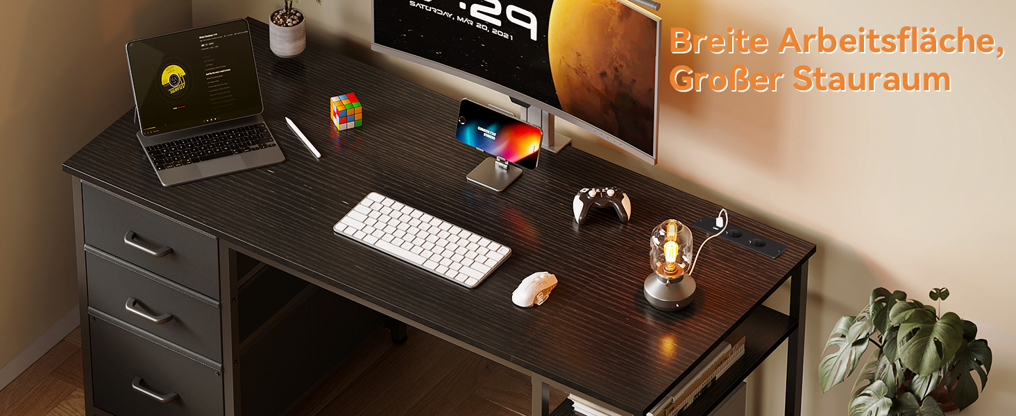 Комп'ютерний стіл Coleshome з висувними ящиками з тканини, 130x48 см. 2 розетки та 2 USB-порти для зарядки. Стільниця з полицею, реверсивний офісний стіл для дому та офісу (Чорний, 130x48x75.7 см)