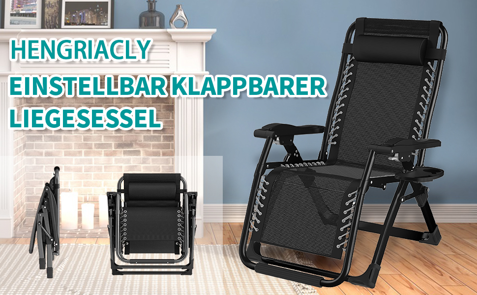 Розкладний шезлонг для відпочинку: зручний садовий стілець з регульованою спинкою, чорний (72 см)