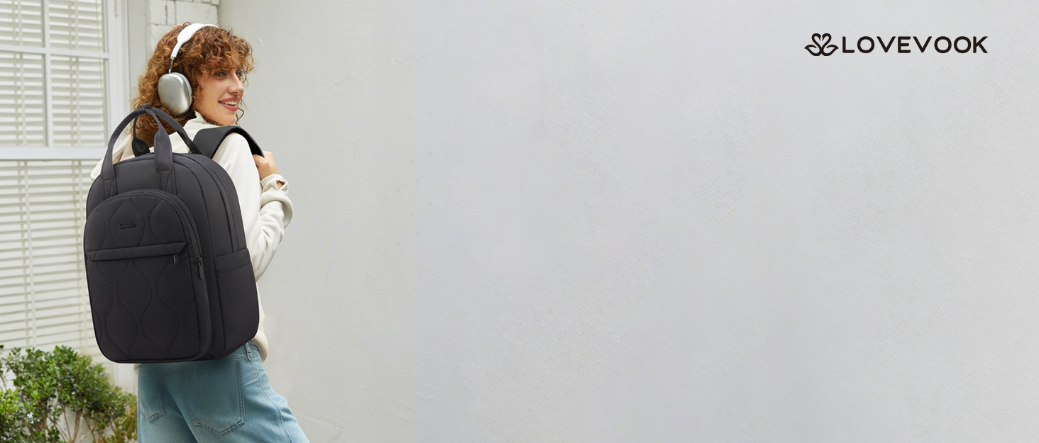 Сумка-рюкзак LOVEVOOK для жінок, рюкзак для ноутбука, шкільний рюкзак для підлітків, легкий рюкзак з підкладкою, велика робоча/навчальна сумка, рюкзак для подорожей, елегантний, чорний, 15,6 дюймів