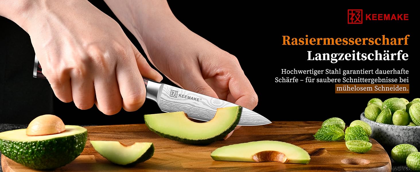 KEEMAKE Набір професійних кухонних ножів з нержавіючої сталі з захистом леза, гострі ножі шеф-кухаря та універсальні ножі для м'яса, овочів та риби (овочечистка 8.9 см)