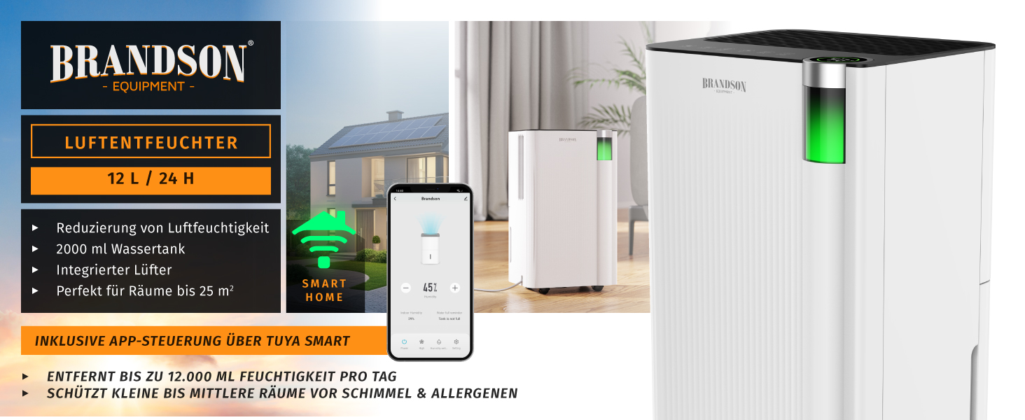 Електричний осушувач повітря Brandson з компресором, 12 літрів, Wi-Fi, з таймером, функцією відтавання, білий