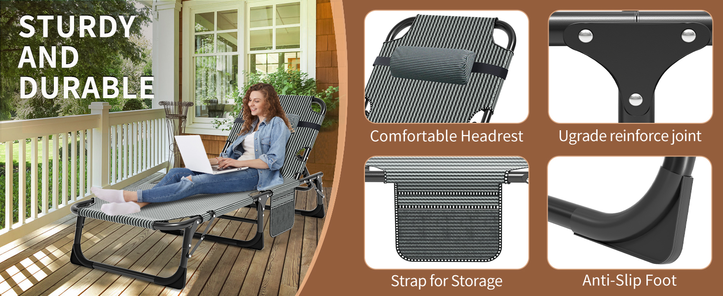 Лежак для відпочинку MOPHOTO, розкладний садовий лежак з матрацом, регульована спинка та підніжка, портативний, для дому та саду, складаний (зелене дитяче ліжко, матрац) (чорний з холодним сірим)