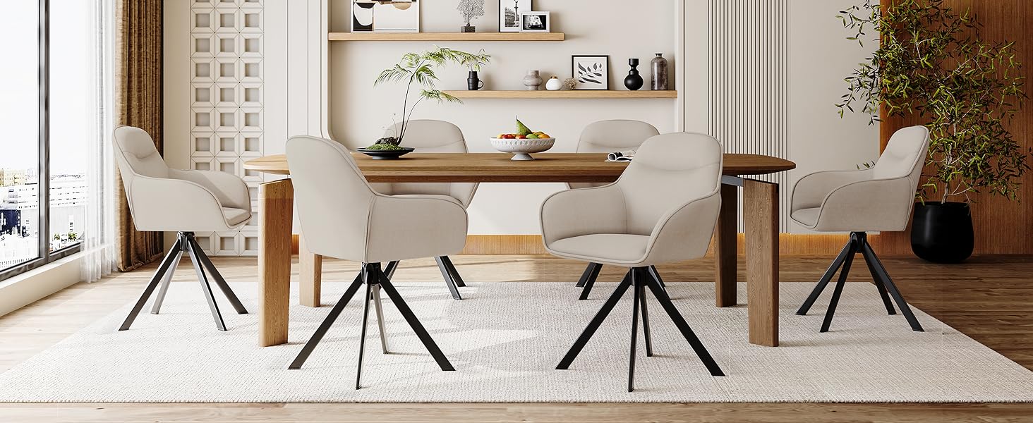 Обідній крісло для кухні/офісу, бежевий, з підлокітниками, 6 шт. в наборі, з металевим каркасом та м'яким сидінням з поліестеру