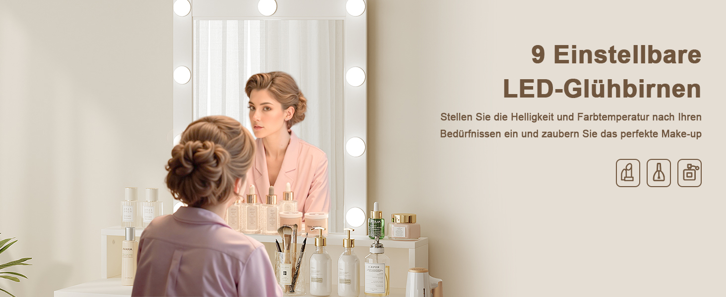 Трюмо JUMMICO з LED-підсвічуванням та дзеркалом, регульована яскравість та колірна температура, косметичний столик з 9 LED-лампочками, білий