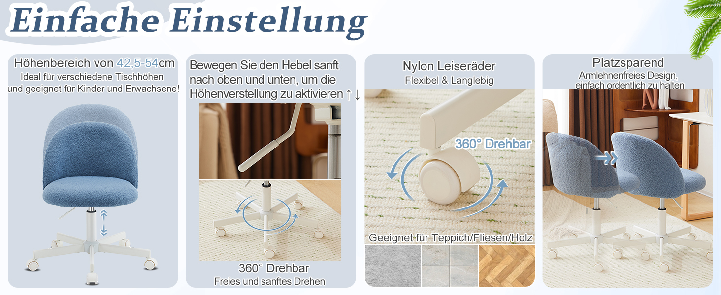 Крісло офісне Bonnlo з регулюванням висоти, для робочого кабінету, спальні, home office, обшите тедді, білий (блакитний)