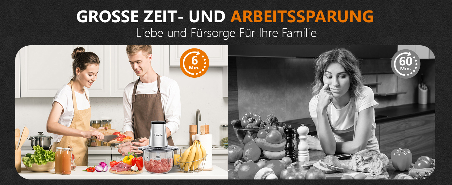 Електричний подрібнювач для кухні Facelle: м'ясорубка, подрібнювач 2L, кухонний комбайн 500W зі скляною чашею та 4 лезами для м'яса, овочів, фруктів, горіхів, дитячого харчування