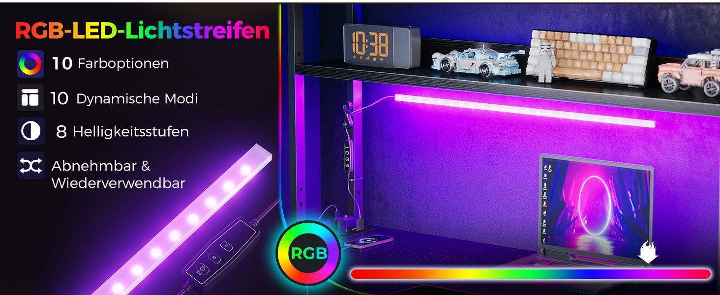 Ігровий стіл Coleshome L-подібної форми з LED-підсвічуванням та розетками, 115 × 80 см. Реверсивний стіл з полицями для зберігання, чорний. Підходить для home office та геймінгу.