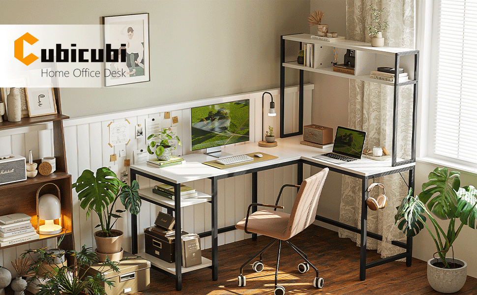 Кубічний кутовий стіл з полицею 150x120 см, білий - CubiCubi