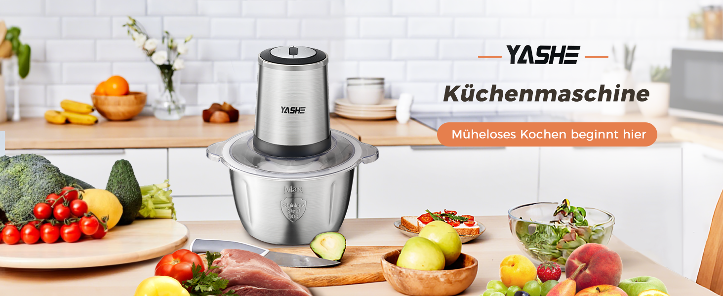 Подрібнювач продуктів YASHE 500W електричний з чашею 1.8л з нержавіючої сталі, міні кухонний комбайн з 4 лезами, чорний + нержавіюча сталь