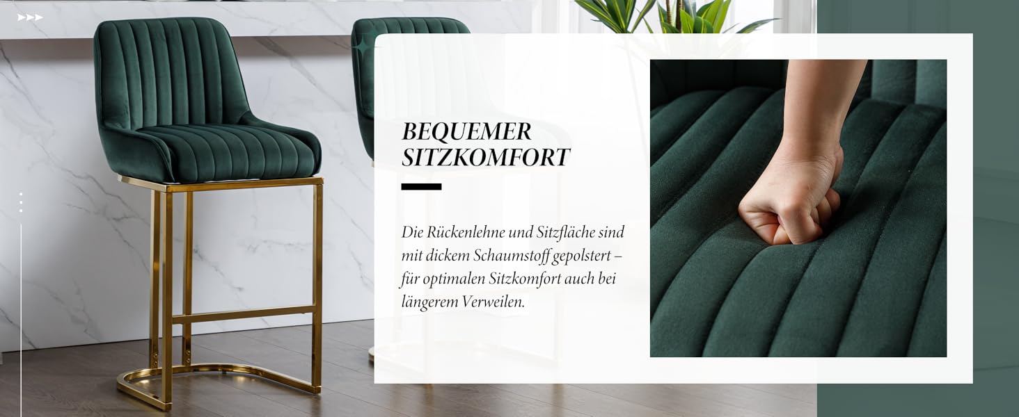 Набір з 2 барних стільців з велюру з золотистими ніжками, з підлокітниками та спинкою для кухонного острова/домашнього бару (зелений)