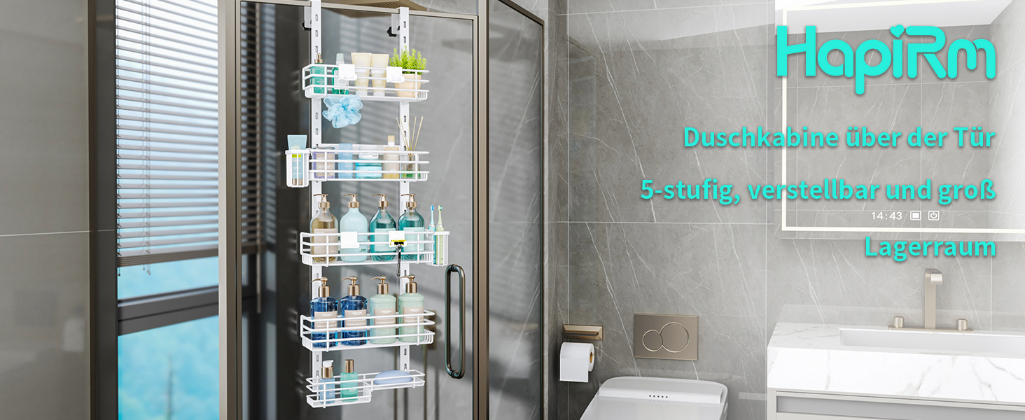 Настінна поличка для душу HapiRm з 22 гачками та 2 тримачами для зубних щіток, 5 ярусів (білий)