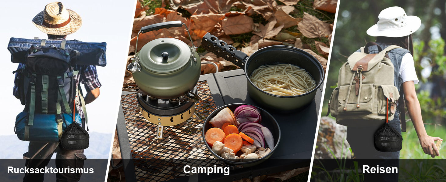 Набір посуду для кемпінгу Odoland 5шт: каструля, сковорода, чайник з знімним ручками. Ідеально для пікніків, походів та кемпінгу. Зелений антипригарний набір посуду.