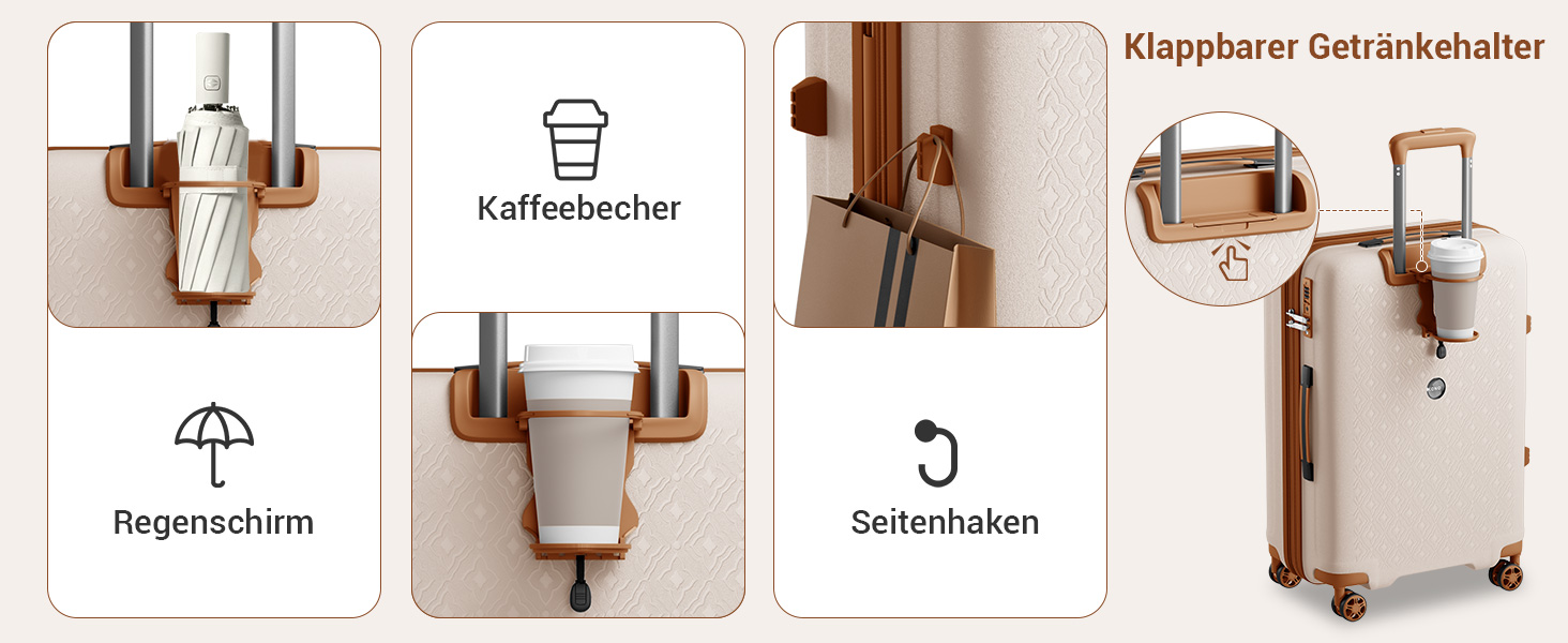 Чемодан ручної поклажі KONO з тримачем для напоїв, жорсткий, легкий, з поліпропілену, розширюваний, 4 колеса, TSA-замок, кремовий/коричневий, M