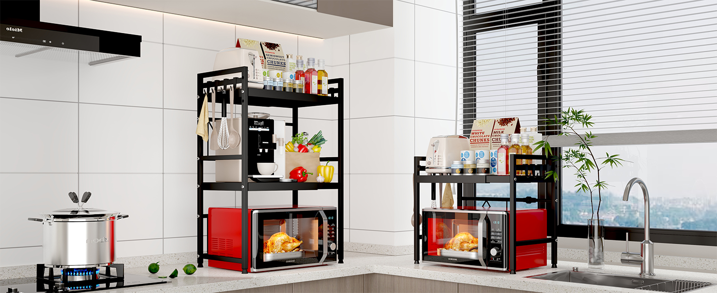 Регульована підставка для мікрохвильової печі, 2-рівнева розширювана, з вуглецевої сталі, з 8 гачками, чорна