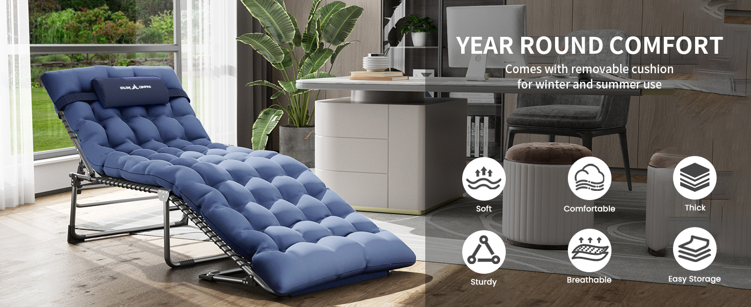 Розкладне ліжко для кемпінгу UDPATIO: зручне ліжко для відпочинку на природі з регульованою спинкою та подушкою (Navy)