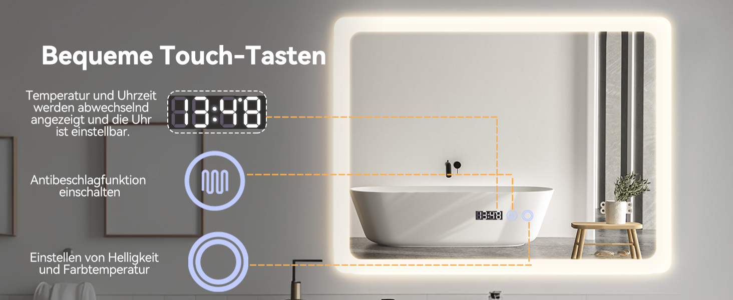 Дзеркало для ванної кімнати YU YUSING з підсвічуванням 80x60 см, LED, 3 кольори світла, регулювання яскравості, антизапар, сенсорне управління, таймер, скло, IP44