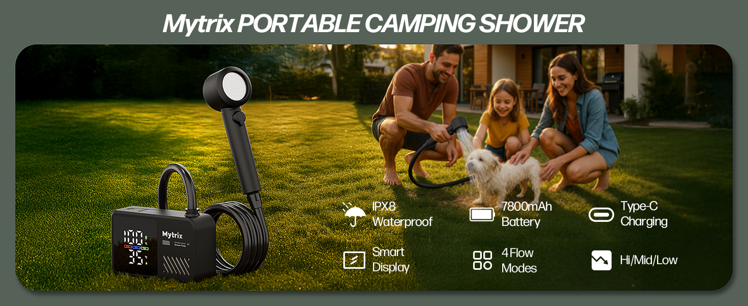 Митрікс Портативна душова система для кемпінгу: 10 л/хв, акумулятор 7800mAh, 4 режими, IPX8, для подорожей, автомийки, чорна