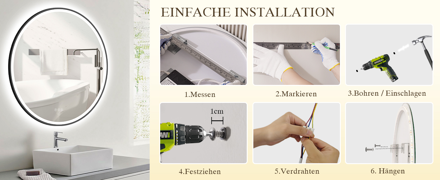 Дзеркало для ванної кімнати з підсвічуванням LED, кругле, 50 см, сенсорне керування, регулювання яскравості, функція пам'яті, захисне скло HD, захист від вибуху, Bluetooth, антизапар, металевий каркас, 60x60 см