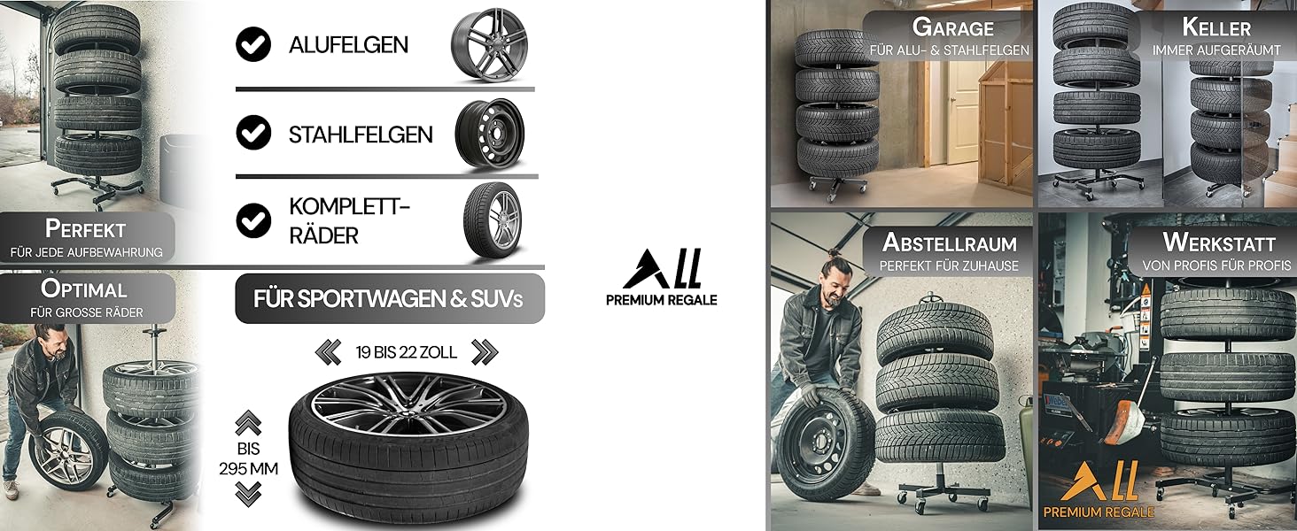 Преміум-підставка для шин на колесах (295 мм, 150 кг) - 4 шини. Чорна, мобільна, для зберігання шин