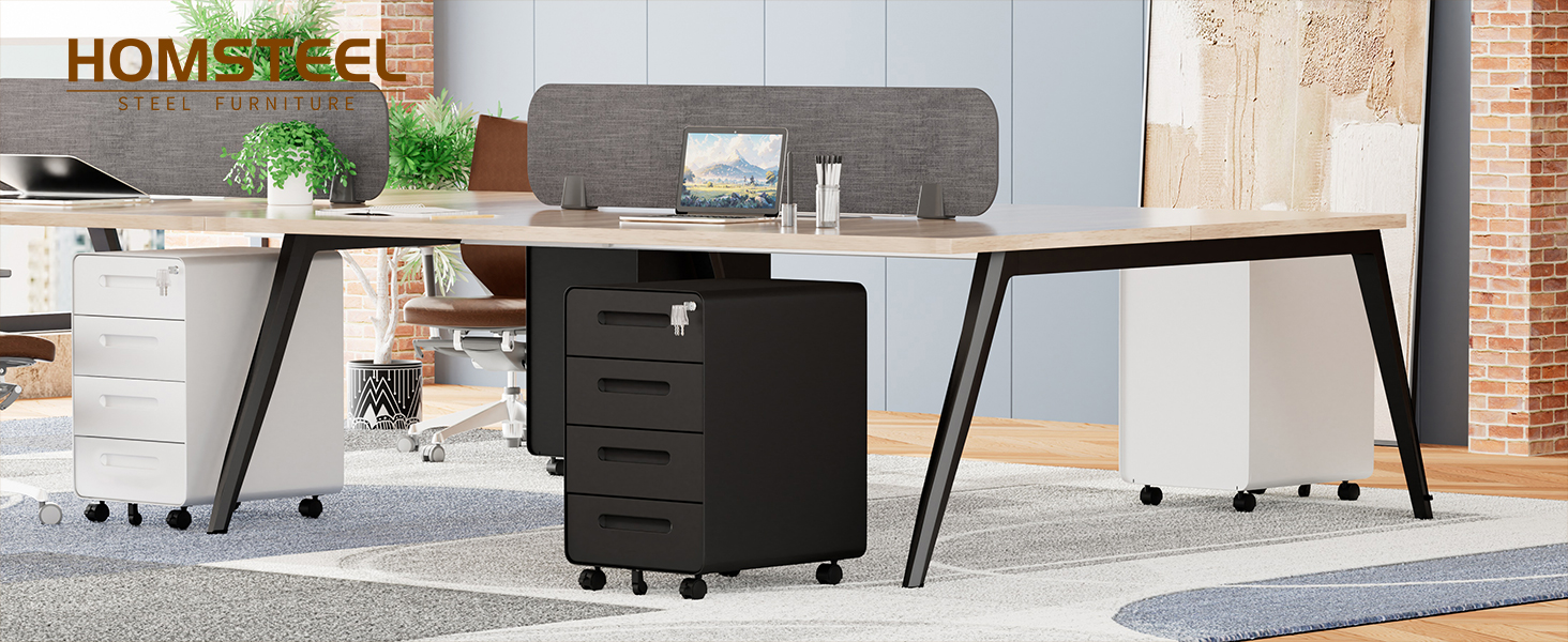 Роликовий контейнер HOMSTEEL з замком, 4 шухляди, металевий офісний шафка, чорний (46T x 40B x 64H cm)