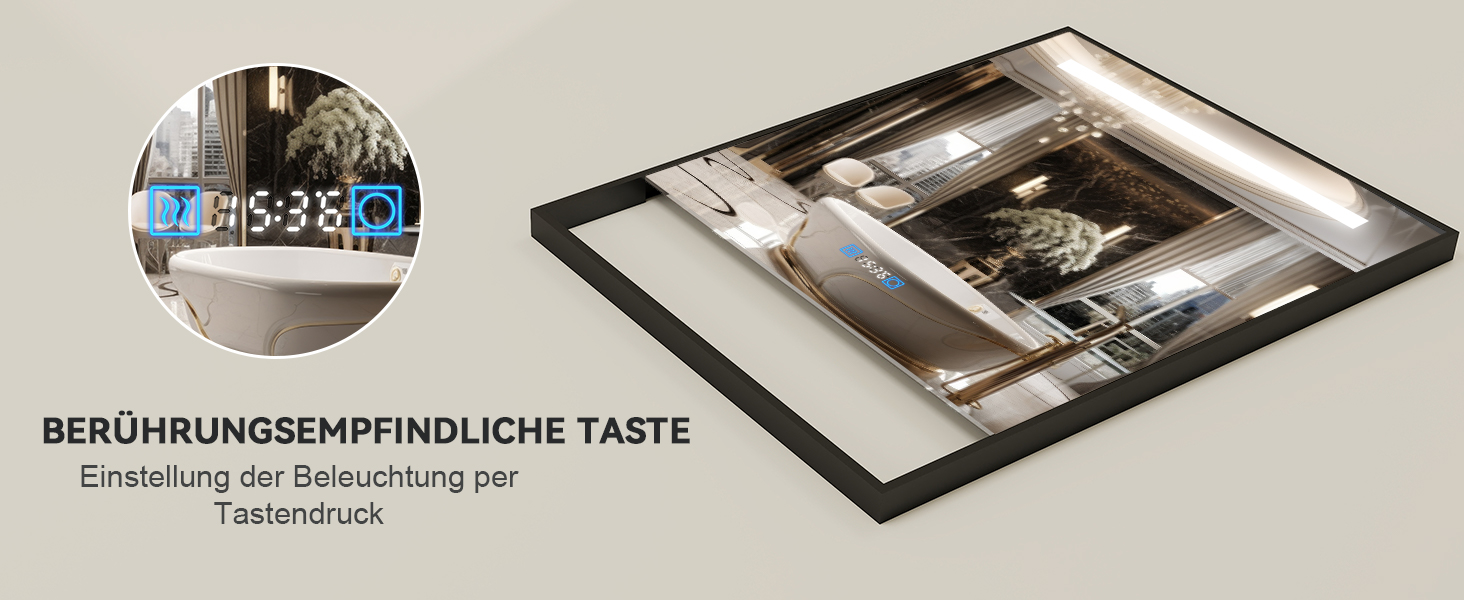 Дзеркало для ванної кімнати YU YUSING 80x60 см з підсвічуванням LED, 3 кольори світла, регулювання яскравості, антизапарник, сенсорне управління, таймер, загартоване скло, IP44 (чорний з полицею)