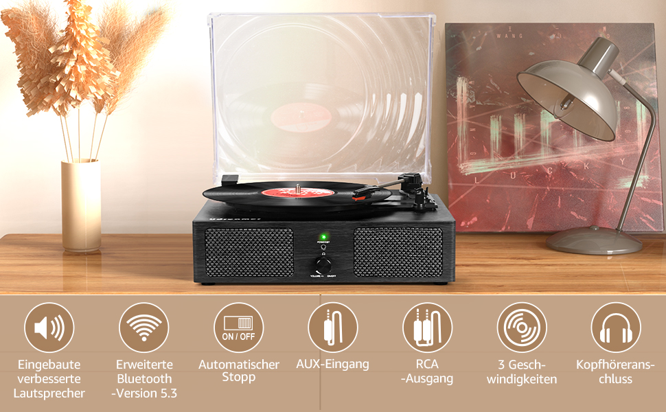 Вініловий програвач Udreamer з Bluetooth, вбудованими динаміками та ремінним приводом, 3 швидкості, дерев'яний корпус, чорний, вінтажний дизайн для музики та декору