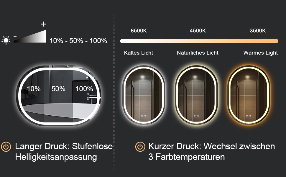 Дзеркало для ванної кімнати Trintion з підсвічуванням, 50x70 см, овальне, з годинником та сенсорним вимикачем, антизапотівальне, диммер, 3 кольори світла (3500K-6500K)