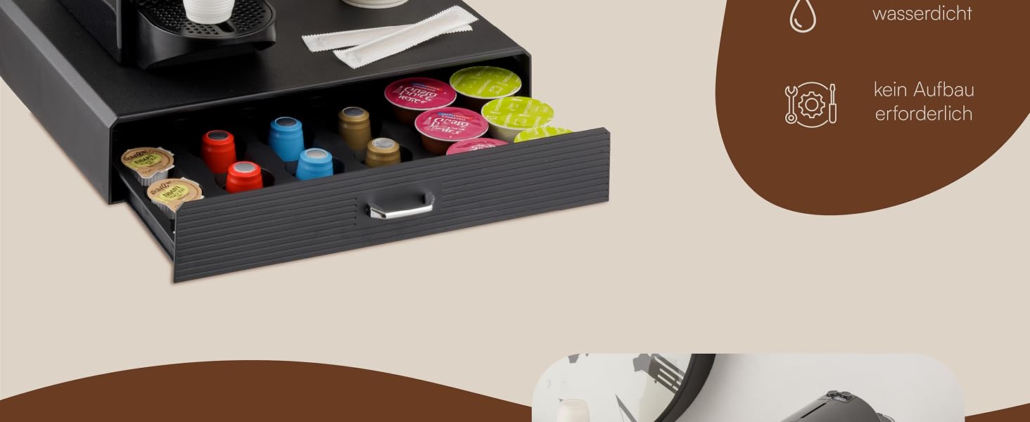 Органайзер для кавових капсул Baroni Home, універсальна шухляда для Nespresso та Dolce Gusto на 30 капсул, відсік для чаю та аксесуарів, компактний пластиковий підстаканник, 34x13x34 см, чорний