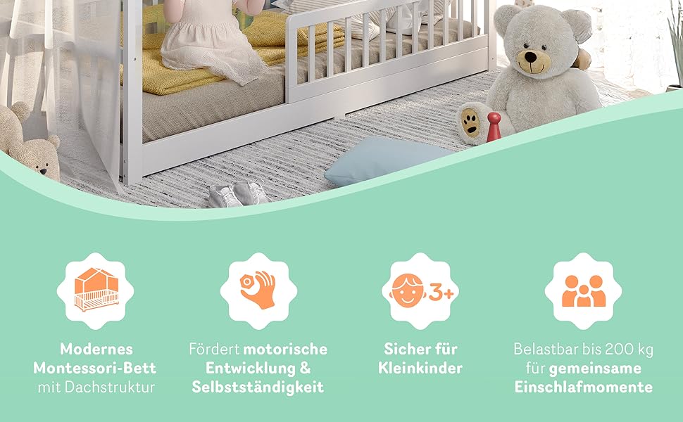 Ліжко-дитяча хатинка CADANI Malte, 120x200 см, білий колір, Montessori, з бортиками, трансформується, з ламелями, до 200 кг