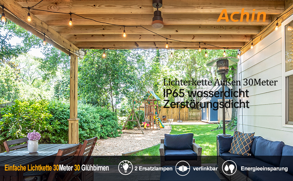 LED гірлянда Achin 15M для зовнішнього використання, тепле біле світло 2700K, 25+2 лампочки G40 E12, диммування, для саду, вечірки, тераси