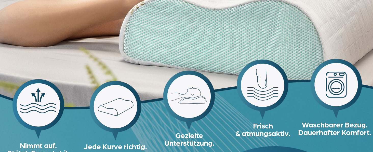 Ортопедична подушка для шиї з піни Memory Foam з Aloe Vera, знімний бамбуковий чохол. Для ліжка, при болях у шиї та підтримки хребта